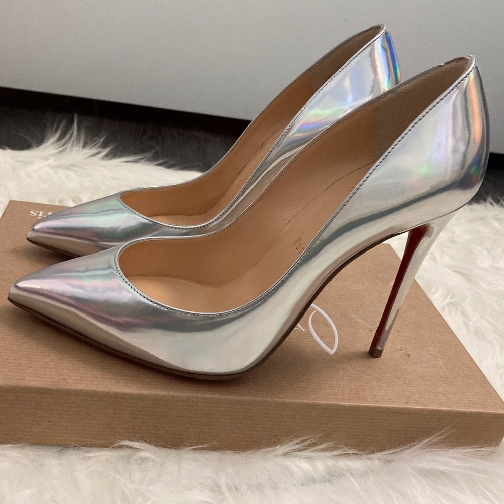 Christian Louboutin Iridescent Silver Patent Pigalle 100 Pumps with Red Soles